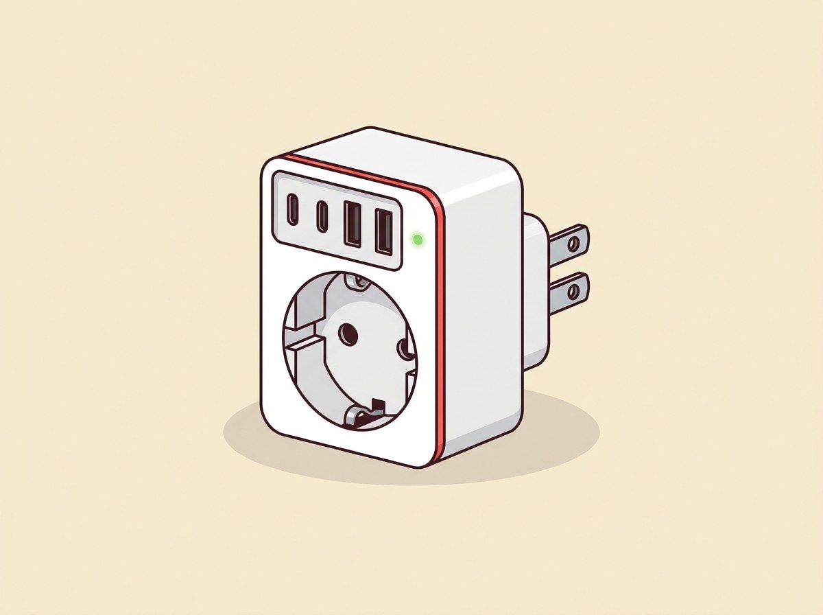 Ilustración de un adaptador de enchufe con dos clavijas planas de tipo A por detrás, una toma redonda europea y cuatro puertos USB por delante.