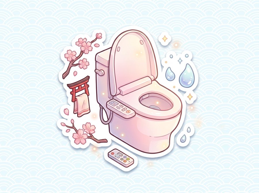 Ilustración de una tapa de inodoro japonés inteligente con mando a distancia, gotas de agua y flores de cerezo