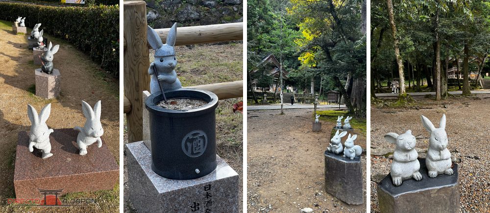 Cuatro vistas de estatuas de conejos en el recinto de Izumo Taisha