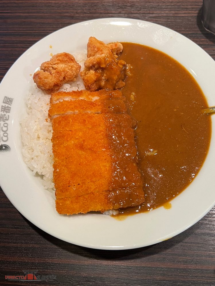 Curry con arroz, una pieza empanada cortada y varios trozos de pollo frito.