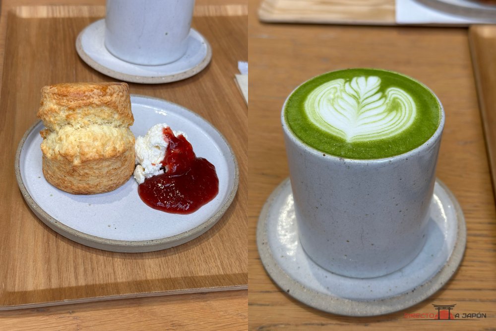 Scone y matcha latte en Blue Bottle