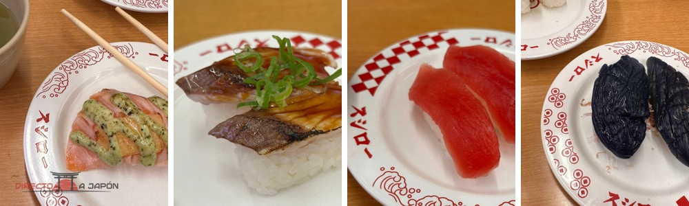Cuatro platos de sushi de nuestras comidas en Sushiro