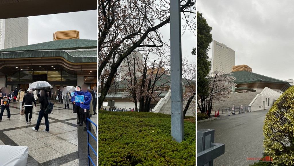 Entrada y vistas exteriores del Ryogoku Kokugikan con cerezos