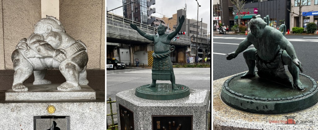 Monumento de sumo y figuras de bronce con placas de manos en Ryogoku