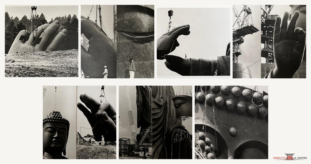 Collage de fotografías de paneles sobre la construcción del Buda