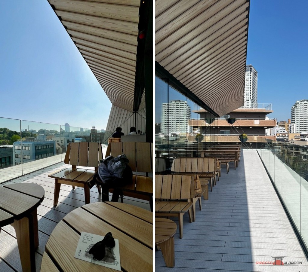 Dos vistas de la terraza superior del Starbucks Reserve Roastery de Nakameguro