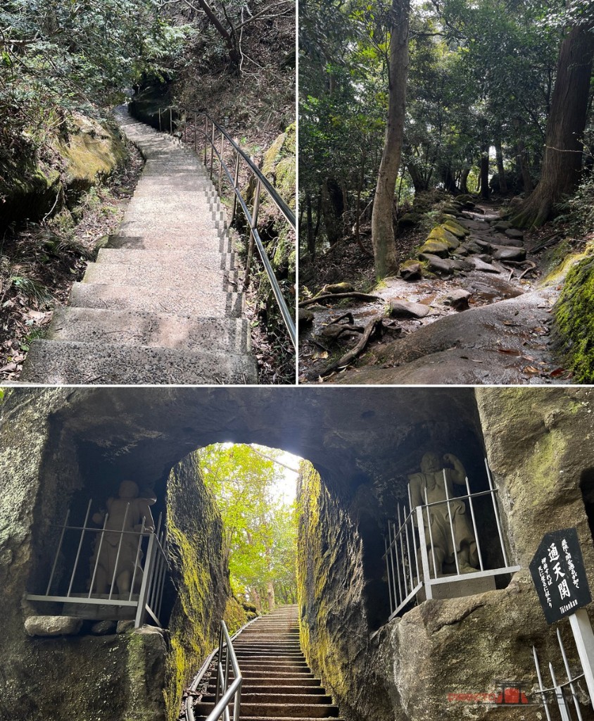 Escaleras, raíces y pasos entre rocas en Nihonji