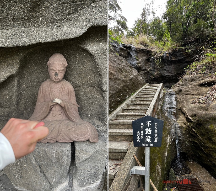 Una pequeña broma junto a las estatuas y Fudō-taki