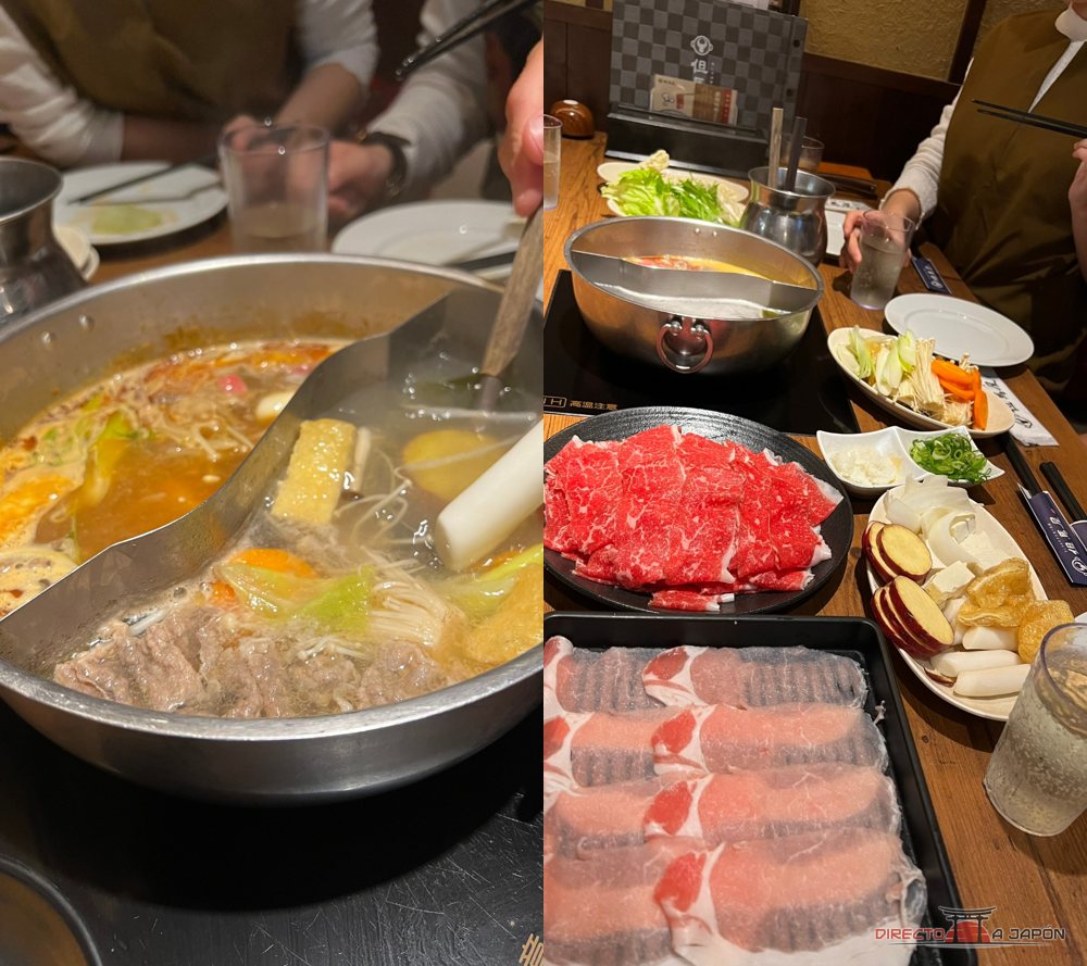 Collage de la olla en cocción y la mesa completa de nuestra cena de shabu-shabu