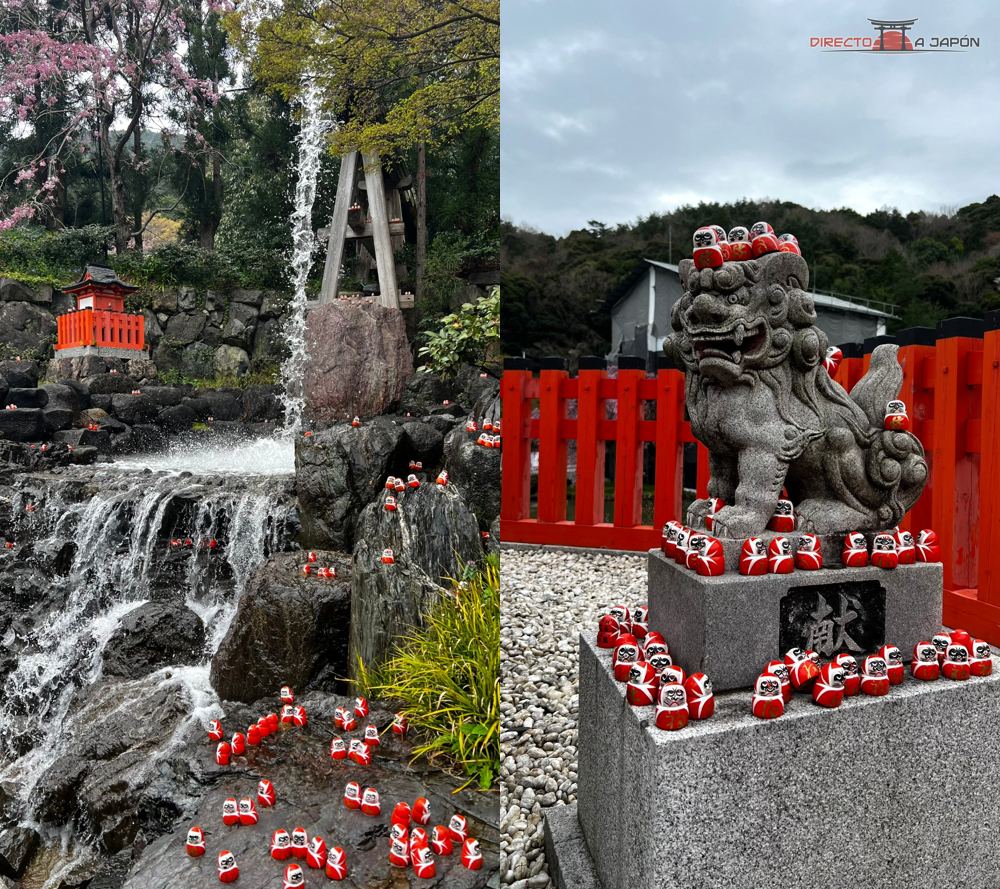 Collage de la pequeña cascada y un komainu de Katsuo-ji