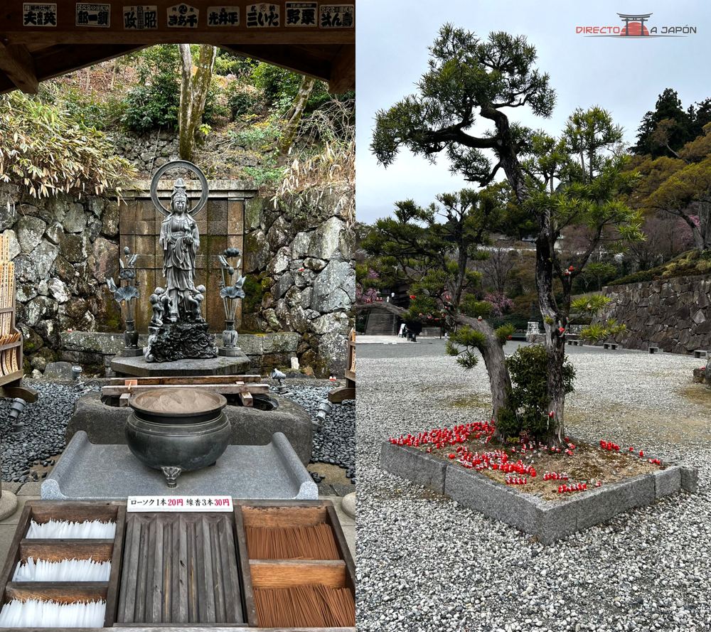 Collage de una imagen de Kannon y un pino de Katsuo-ji