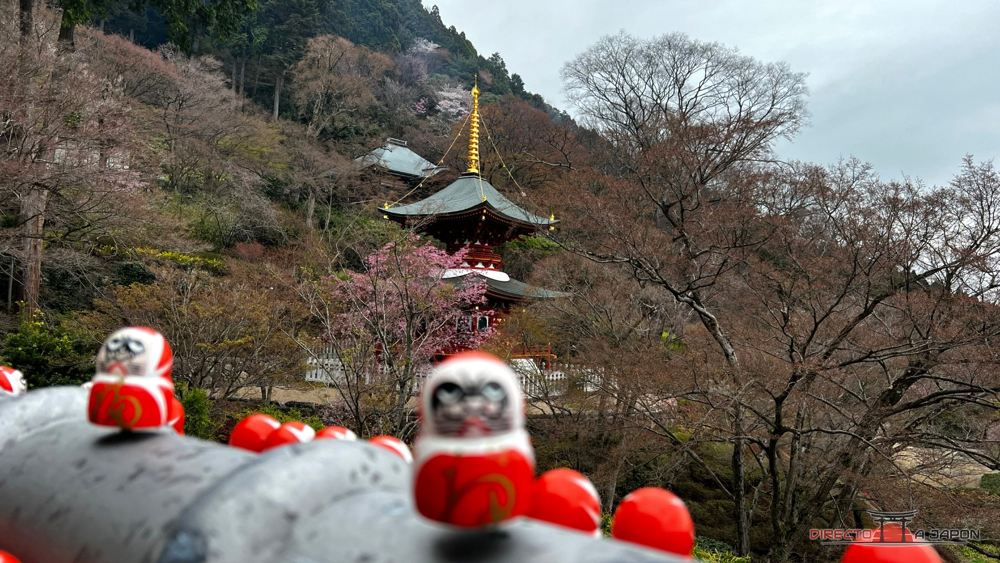 Pagoda roja de Katsuo-ji rodeada de vegetación