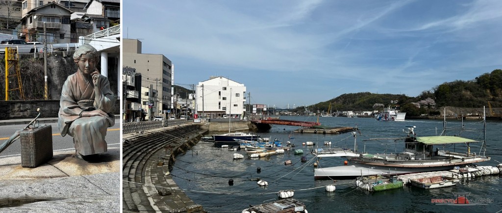 Una estatua junto a la calle y el frente del canal de Onomichi.