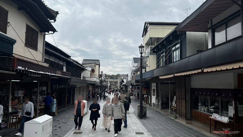 Calle comercial Omotesando de acceso a Dazaifu Tenmangu, con tiendas y visitantes
