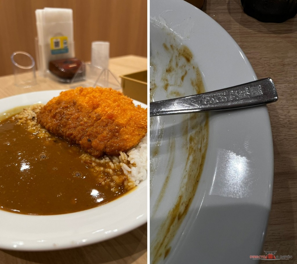 Plato de curry con pieza empanada y detalle de una cuchara original de CoCo Ichibanya