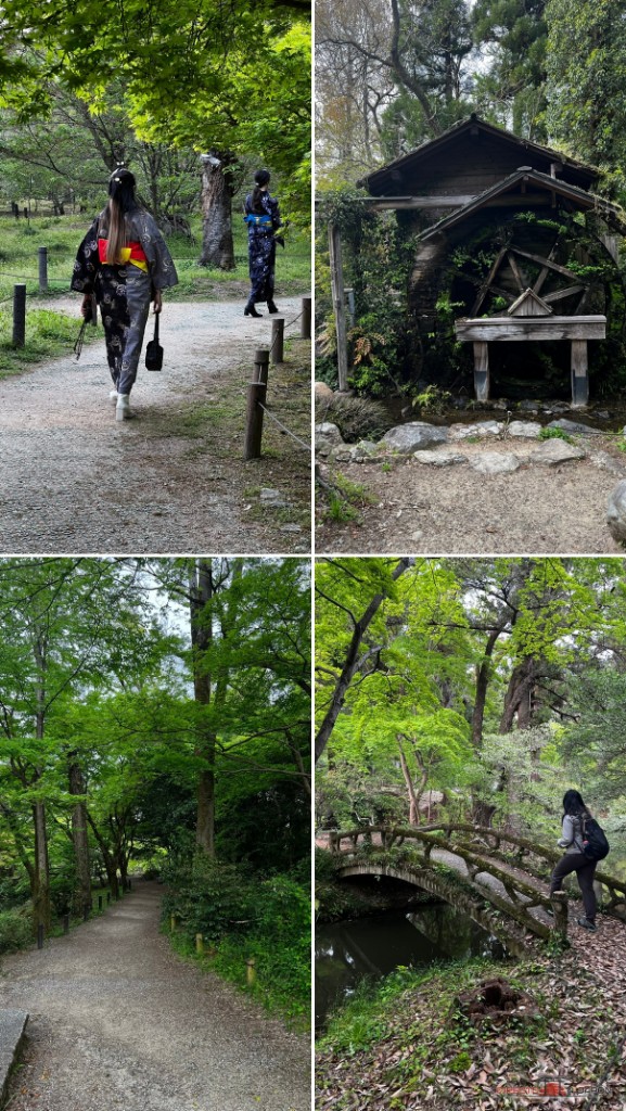 Visitantes de espaldas, molino, camino y puente en el Jardín Botánico de Kioto