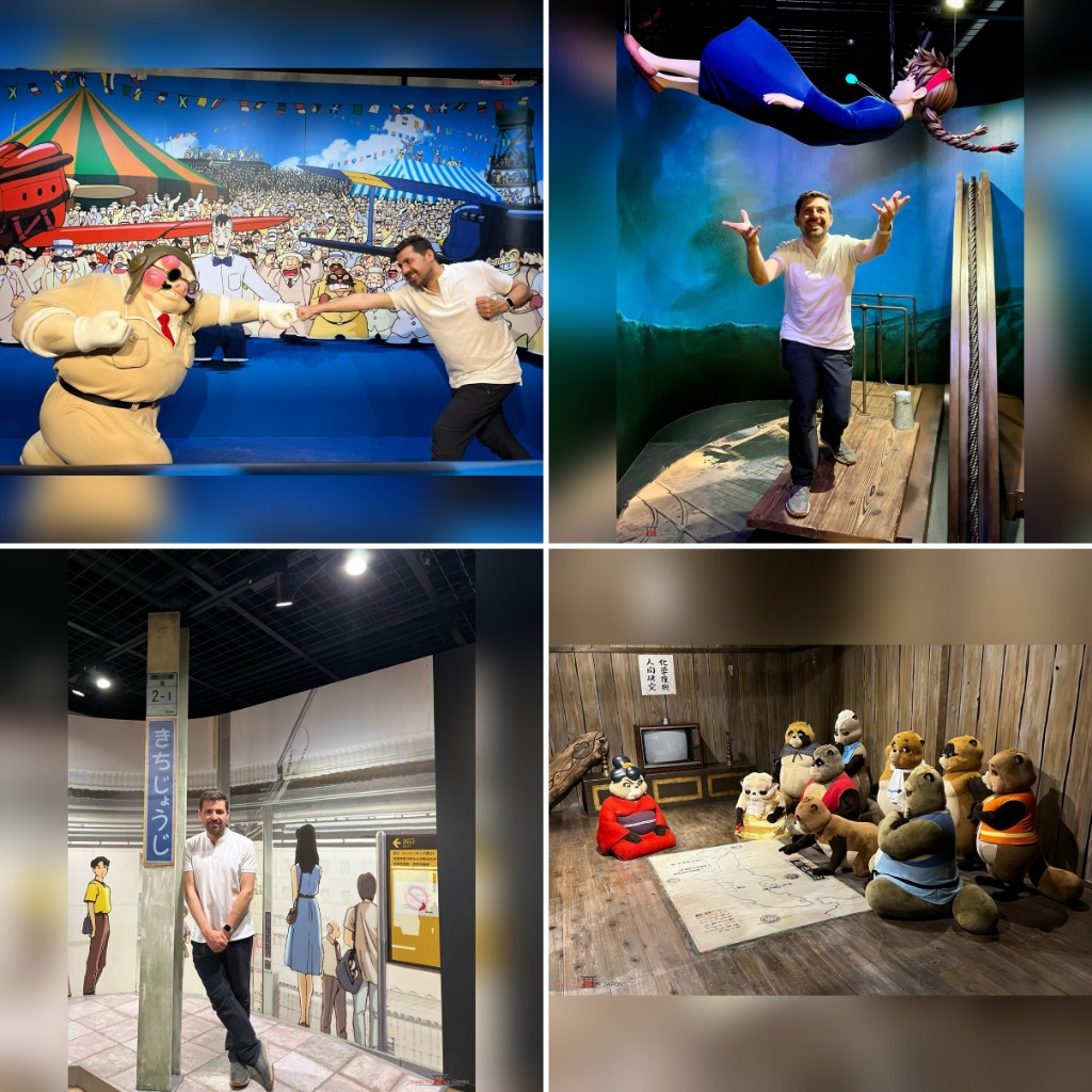 Collage de cuatro photo spots del Grand Warehouse: Porco Rosso, la caída de Sheeta, el andén de Kichijōji y los tanuki de Pompoko