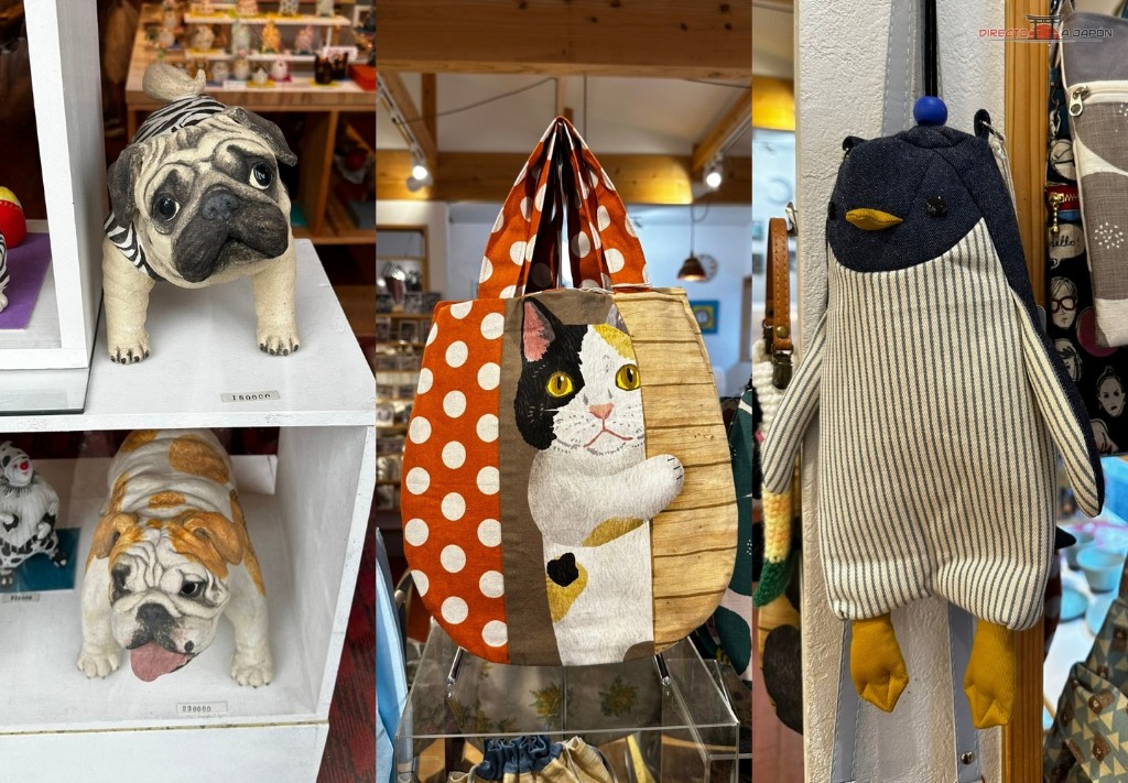 Cerámica de perros, un bolso con gato y una mochila-pingüino: tres muestras de la artesanía de Yufuin.