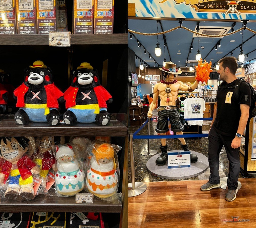 Mugiwara Store de Kumamoto: peluches de Kumamon como Luffy y Edu junto a la figura de Ace
