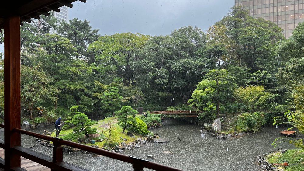 Estanque del jardín de Kokura visto desde la galería de madera, con la lluvia y los árboles en otoño