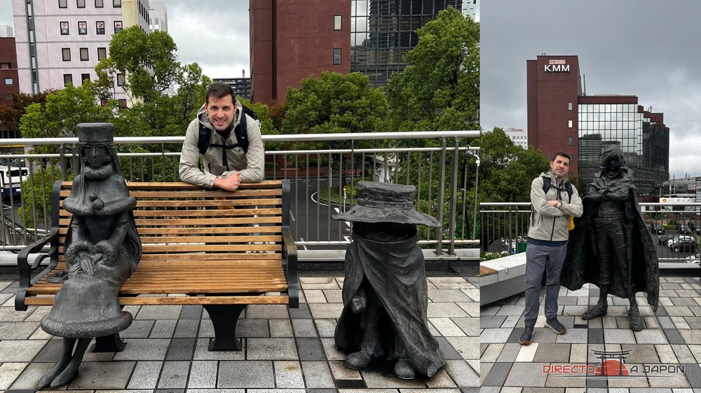 Dos fotos de las estatuas de Maetel, Tetsuro y Harlock en Kokura, con Edu sentado en un banco junto a ellas