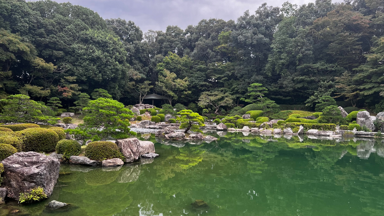 Estanque con rocas y pinos del jardín japonés del parque Ohori de Fukuoka