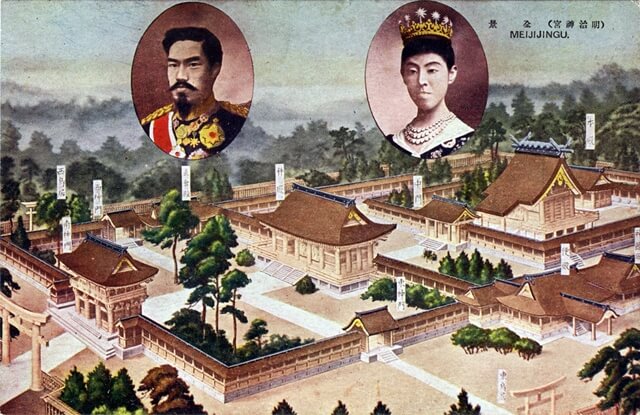 Emperador Meiji y Emperatriz Shoken junto a una vista aérea del Meiji Jingu del año 1930